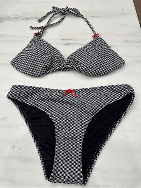Pink Lily small Black & White Gingham Bikini Set with Red Accents.  Like new
